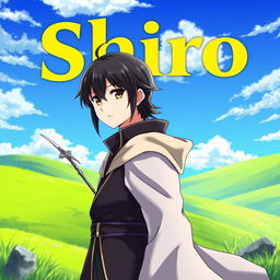 A captivating fantasy anime cover titled 'Shiro' in bold yellow letters, featuring a 16-year-old mage with sleek black hair and warm brown eyes