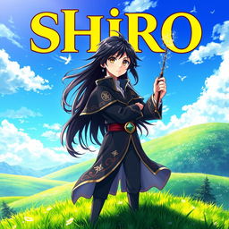 A captivating fantasy anime cover titled 'Shiro' in bold yellow letters, featuring a 16-year-old mage with flowing black hair and deep brown eyes