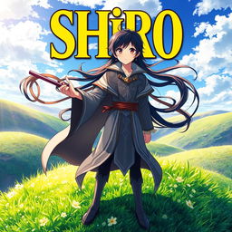 A captivating fantasy anime cover titled 'Shiro' in bold yellow letters, featuring a 16-year-old mage with flowing black hair and deep brown eyes