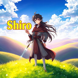 A captivating fantasy anime cover titled 'Shiro' in bold yellow letters, featuring a 16-year-old mage with flowing black hair and deep brown eyes