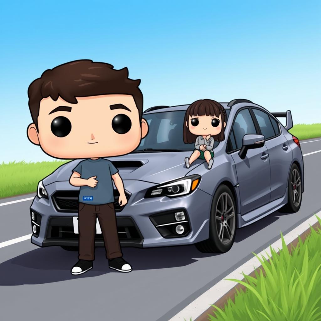 A Funko Pop scene featuring a 20-year-old boy with short, dark brown hair standing beside a gray Subaru STI parked on a road