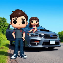 A Funko Pop scene featuring a 20-year-old boy with short, dark brown hair standing beside a gray Subaru STI parked on a road