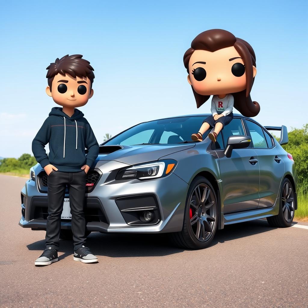 A Funko Pop scene featuring a 20-year-old boy with short, dark brown hair standing beside a gray Subaru STI parked on a road