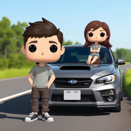 A Funko Pop scene featuring a 20-year-old boy with short, dark brown hair standing beside a gray Subaru STI parked on a road