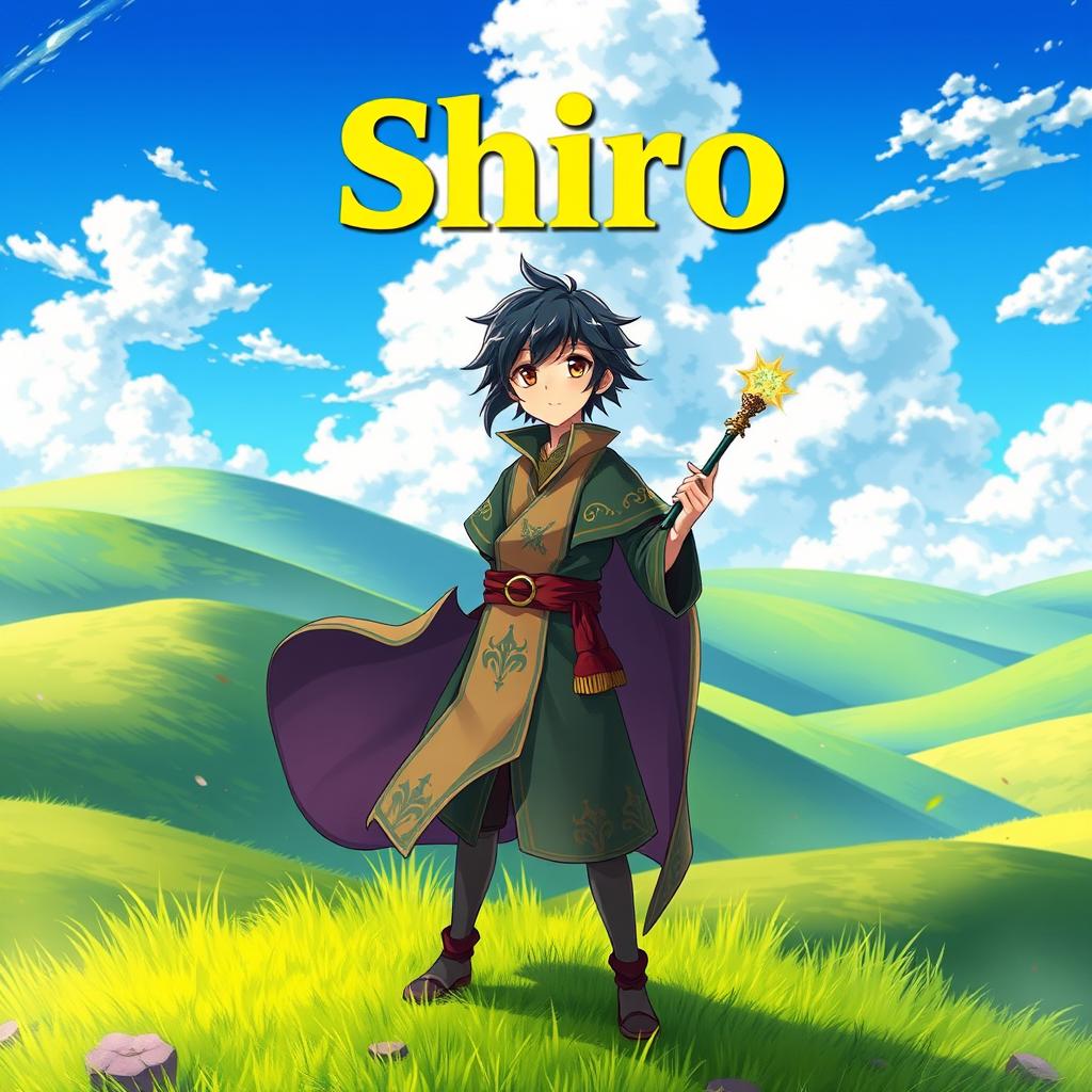 A visually stunning fantasy anime cover titled 'Shiro' in bold yellow letters, featuring a 16-year-old boy mage with striking black hair and warm brown eyes