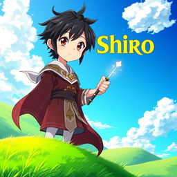 A visually stunning fantasy anime cover titled 'Shiro' in bold yellow letters, featuring a 16-year-old boy mage with striking black hair and warm brown eyes