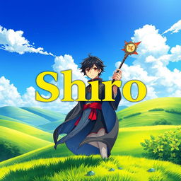 A visually stunning fantasy anime cover titled 'Shiro' in bold yellow letters, featuring a 16-year-old boy mage with striking black hair and warm brown eyes