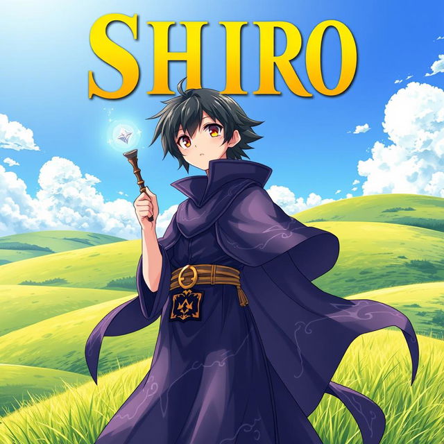 A visually stunning fantasy anime cover titled 'Shiro' in bold yellow letters, featuring a 16-year-old boy mage with striking black hair and warm brown eyes