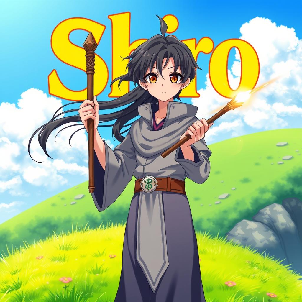 A captivating fantasy anime cover titled 'Shiro' in bold yellow letters, featuring a 16-year-old boy mage with flowing black hair and deep brown eyes