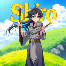 A captivating fantasy anime cover titled 'Shiro' in bold yellow letters, featuring a 16-year-old boy mage with flowing black hair and deep brown eyes