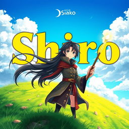 A captivating fantasy anime cover titled 'Shiro' in bold yellow letters, featuring a 16-year-old boy mage with flowing black hair and deep brown eyes