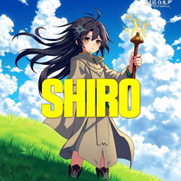 A captivating fantasy anime cover titled 'Shiro' in bold yellow letters, featuring a 16-year-old boy mage with flowing black hair and deep brown eyes