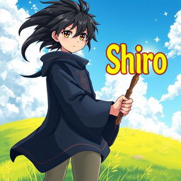 A captivating fantasy anime cover titled 'Shiro' in bold yellow letters, featuring a 16-year-old boy mage with flowing black hair and deep brown eyes