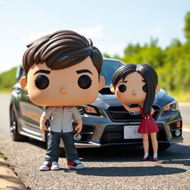 A Funko Pop scene featuring a 20-year-old boy with short, dark brown hair standing next to a stylish gray Subaru STI parked on a road