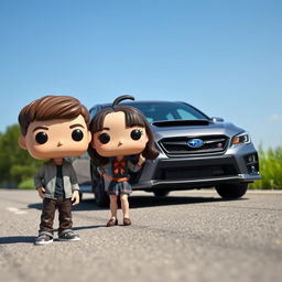 A Funko Pop scene featuring a 20-year-old boy with short, dark brown hair standing next to a stylish gray Subaru STI parked on a road