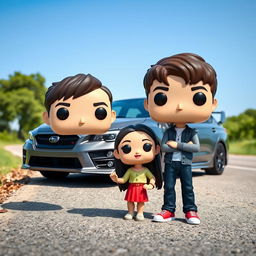 A Funko Pop scene featuring a 20-year-old boy with short, dark brown hair standing next to a stylish gray Subaru STI parked on a road