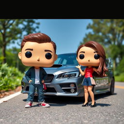 A Funko Pop scene featuring a 20-year-old boy with short, dark brown hair standing next to a stylish gray Subaru STI parked on a road