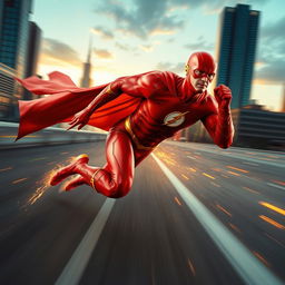 A dynamic shot of The Flash, a muscular superhero in a bright red suit with a lightning bolt emblem, running at incredible speeds