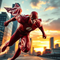 A dynamic shot of The Flash, a muscular superhero in a bright red suit with a lightning bolt emblem, running at incredible speeds