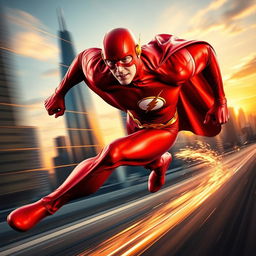 A dynamic shot of The Flash, a muscular superhero in a bright red suit with a lightning bolt emblem, running at incredible speeds