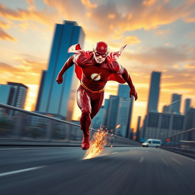 A dynamic shot of The Flash, a muscular superhero in a bright red suit with a lightning bolt emblem, running at incredible speeds