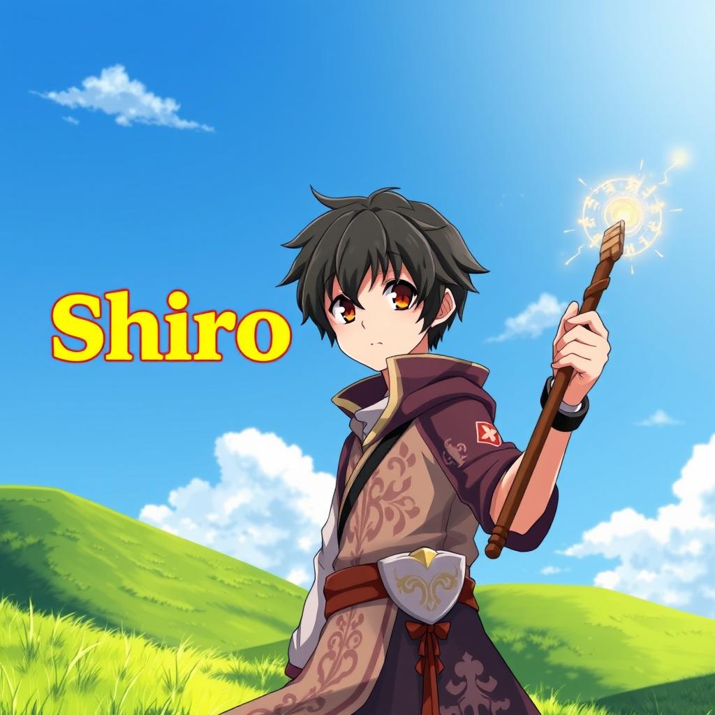 An enchanting fantasy anime cover titled 'Shiro' in bold yellow letters, depicting a 16-year-old boy mage with short black hair and warm brown eyes