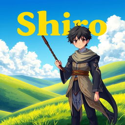 An enchanting fantasy anime cover titled 'Shiro' in bold yellow letters, depicting a 16-year-old boy mage with short black hair and warm brown eyes