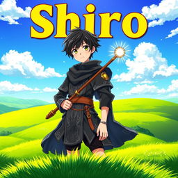 An enchanting fantasy anime cover titled 'Shiro' in bold yellow letters, depicting a 16-year-old boy mage with short black hair and warm brown eyes