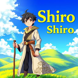 An enchanting fantasy anime cover titled 'Shiro' in bold yellow letters, depicting a 16-year-old boy mage with short black hair and warm brown eyes