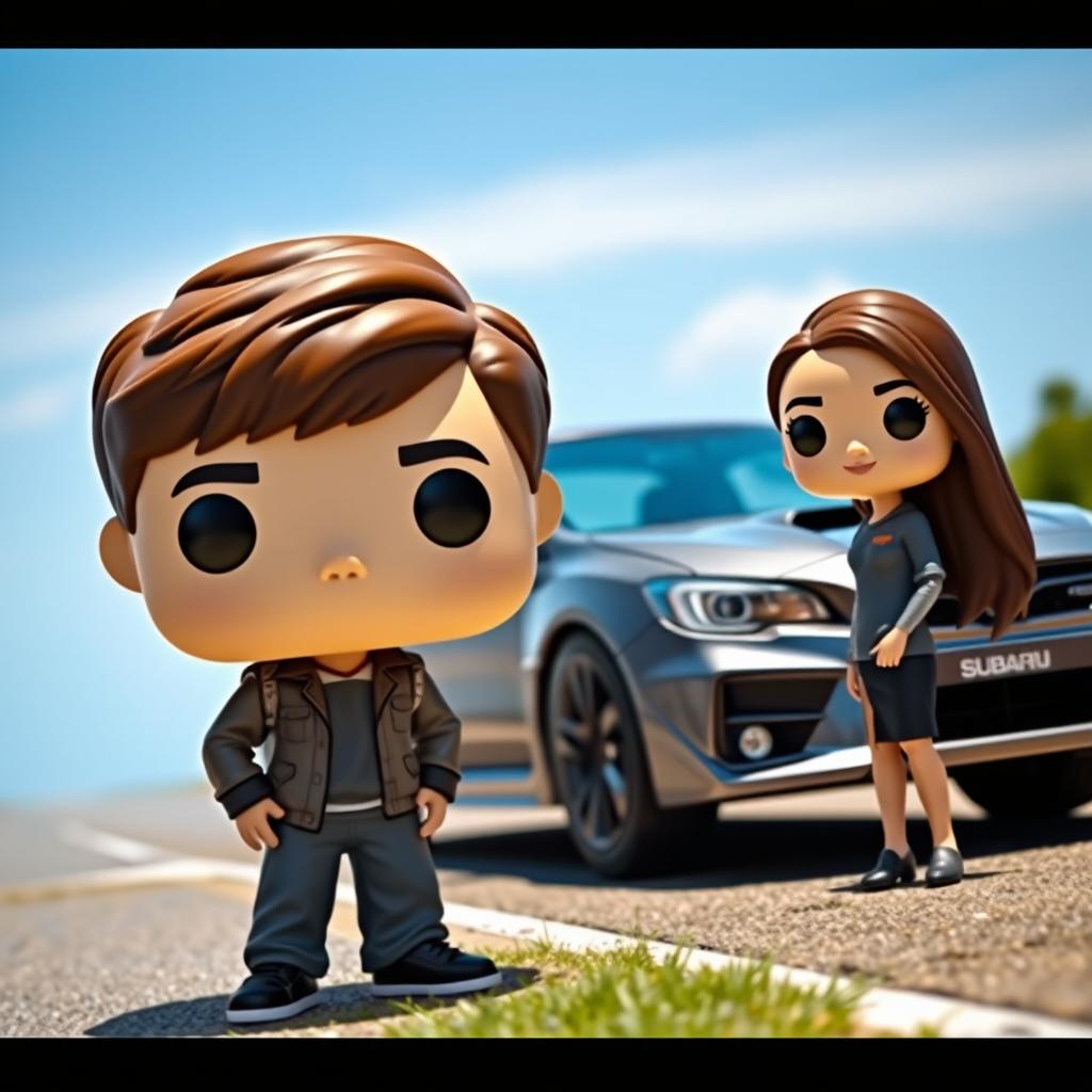 A Funko Pop scene featuring a 20-year-old boy with short, dark brown hair standing next to a gray Subaru STI parked on a roadside