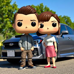 A Funko Pop scene featuring a 20-year-old boy with short, dark brown hair standing next to a gray Subaru STI parked on a roadside