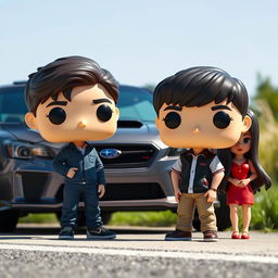 A Funko Pop scene featuring a 20-year-old boy with short, dark brown hair standing next to a gray Subaru STI parked on a roadside