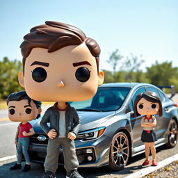 A Funko Pop scene featuring a 20-year-old boy with short, dark brown hair standing next to a gray Subaru STI parked on a roadside