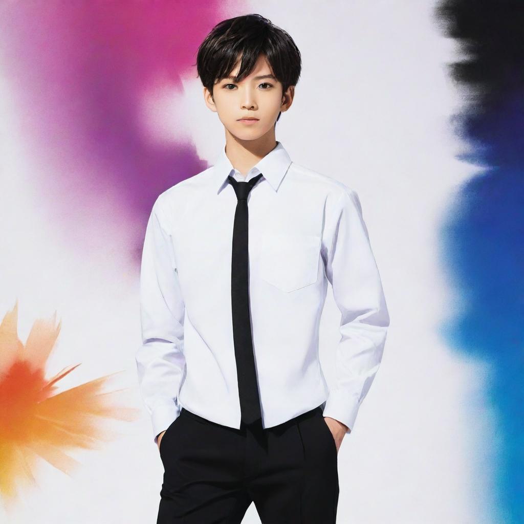 Anime-style boy wearing a crisp white uniform shirt and black pants, standing confidently against a vibrant, dynamic background.