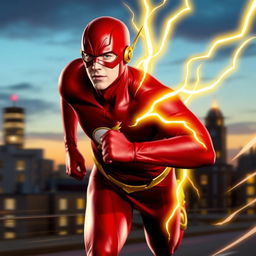 The Flash, a superhero in a sleek red costume with a lightning bolt emblem, running at incredible speed