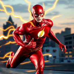 The Flash, a superhero in a sleek red costume with a lightning bolt emblem, running at incredible speed