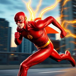 The Flash, a superhero in a sleek red costume with a lightning bolt emblem, running at incredible speed