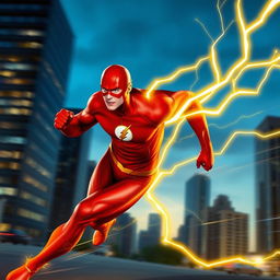 The Flash, a superhero in a sleek red costume with a lightning bolt emblem, running at incredible speed