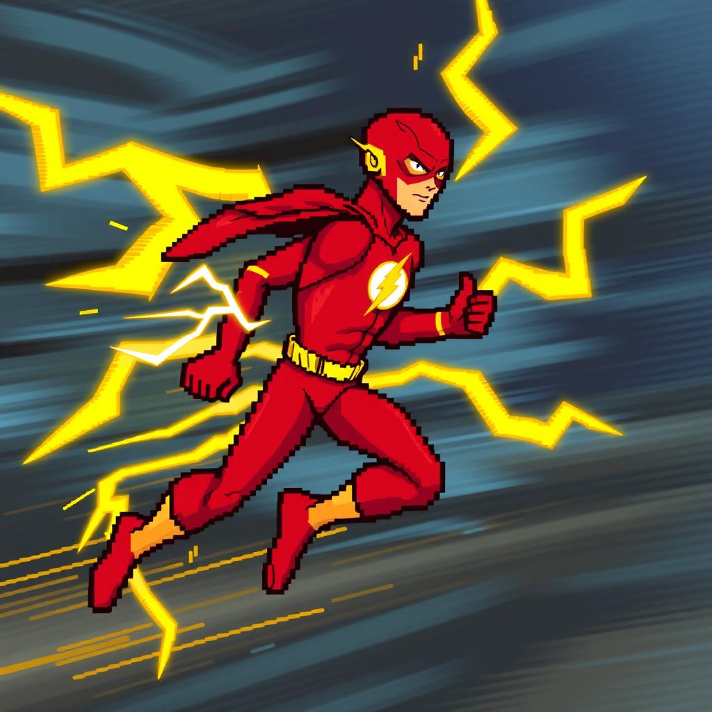 A pixel art illustration of The Flash, depicted in action without a cape, with vibrant yellow lightning crackling out of his back