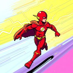 A pixel art illustration of The Flash, depicted in action without a cape, with vibrant yellow lightning crackling out of his back