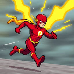 A pixel art illustration of The Flash, depicted in action without a cape, with vibrant yellow lightning crackling out of his back