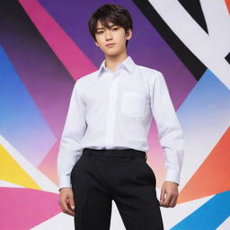 Anime-style boy wearing a crisp white uniform shirt and black pants, standing confidently against a vibrant, dynamic background.