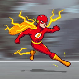 A pixel art illustration of The Flash, depicted in action without a cape, with vibrant yellow lightning crackling out of his back