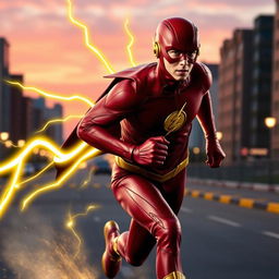 The Flash, depicted in a dynamic running pose, without a cape, with bright yellow lightning bolts shooting out from his back