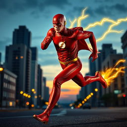 The Flash, depicted in a dynamic running pose, without a cape, with bright yellow lightning bolts shooting out from his back