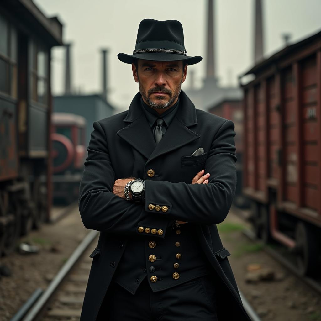 A charismatic mafia man named 'Da Johan', dressed in classic black mafia attire featuring a dieselpunk aesthetic