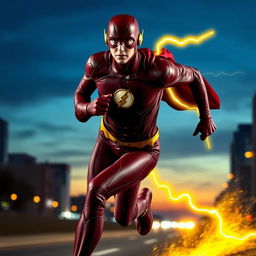 The Flash, depicted in a dynamic running pose, without a cape, with bright yellow lightning bolts shooting out from his back