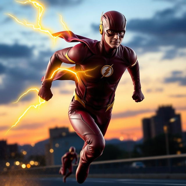 The Flash, depicted in a dynamic running pose, without a cape, with bright yellow lightning bolts shooting out from his back