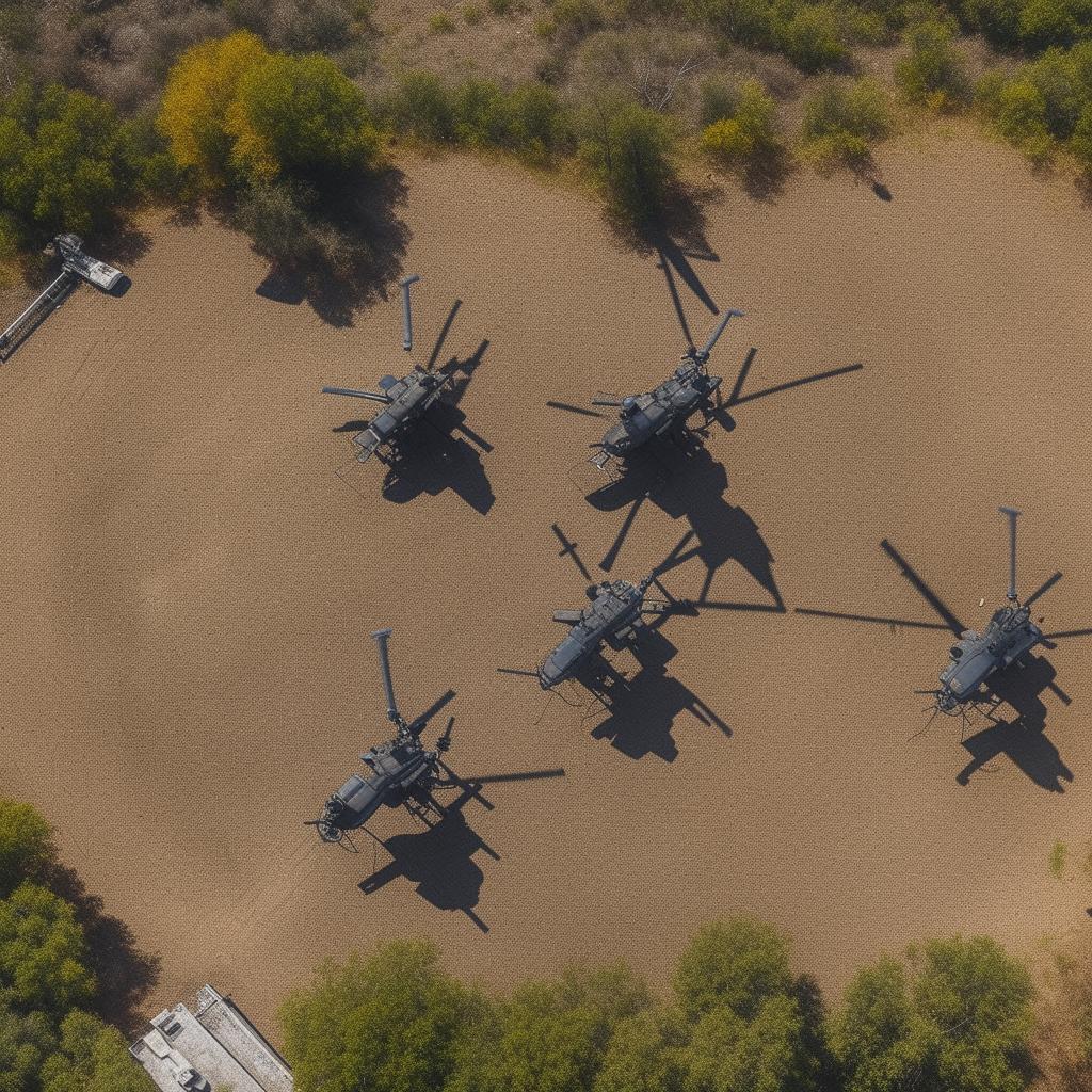 An aerial view of a large and secure SWAT premises, with five Apache military helicopters neatly parked in an organized pattern.