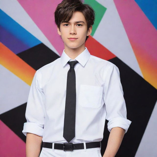 Anime-style boy wearing a crisp white uniform shirt and black pants, standing confidently against a vibrant, dynamic background.